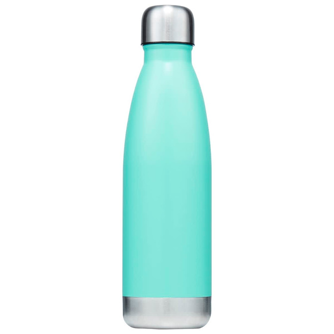 A drink bottle in a teal colour with a stainless steel base and cap, featuring a simple design.