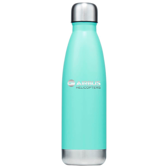 A drink bottle in mint green with a stainless steel base, featuring a logo on the side.