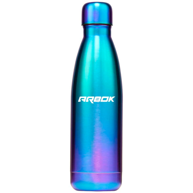 A drink bottle in a gradient of blue and purple metallic colours, featuring a logo on the side.