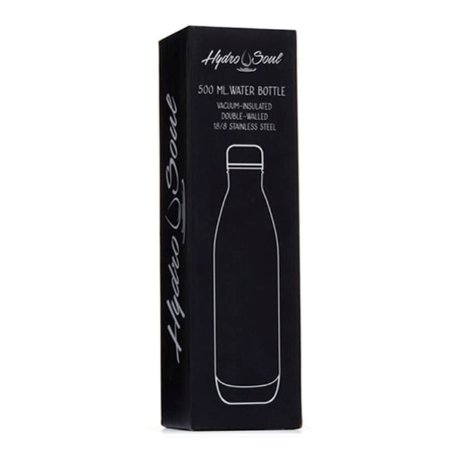 A drink bottle in a sleek black box. The bottle is stainless steel and features a logo.