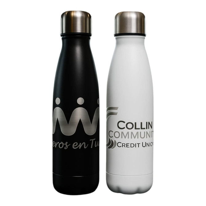 A drink bottle set featuring a black and a white 500ml design, each with a stainless steel cap and branding.