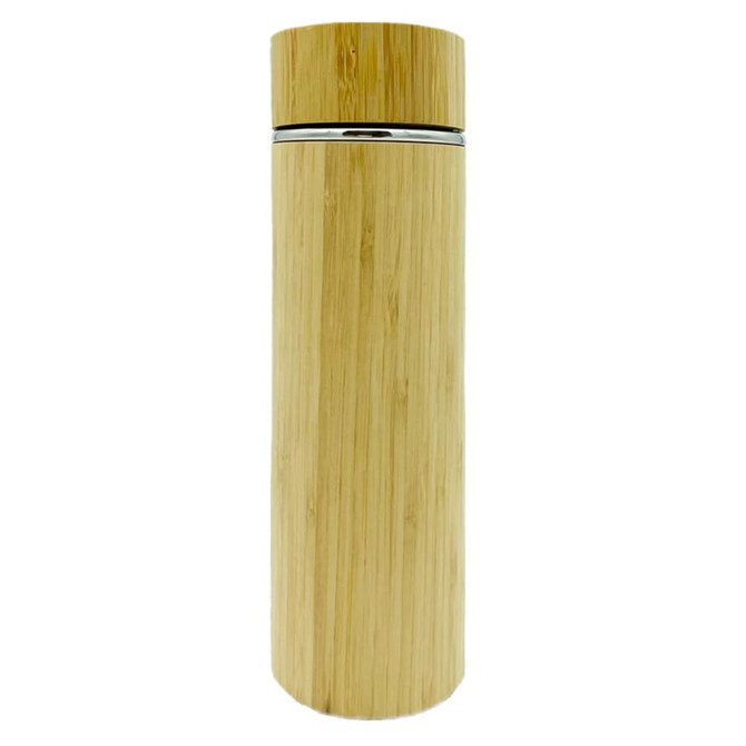 A drink bottle with a bamboo finish and metal accents, featuring a sleek, cylindrical design.