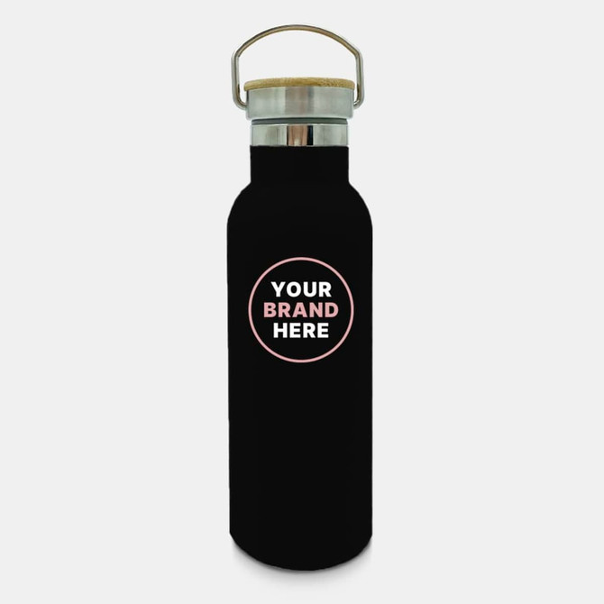 A drink bottle in matte black with a stainless steel lid and a circular branding space.