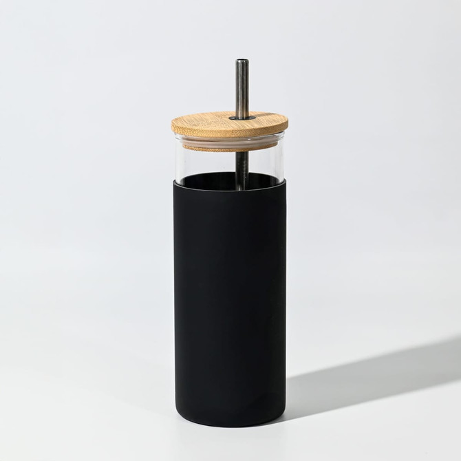 A drink bottle featuring a black exterior, a wooden lid, and a metal straw. It has a logo on it.