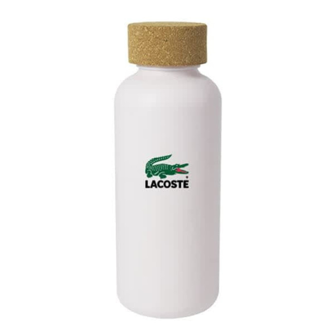 A drink bottle made of white material with a cork lid and a logo on the front.
