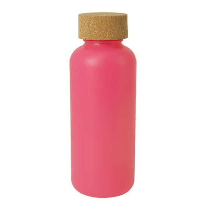 A drink bottle in vibrant pink with a cork lid, featuring a sleek and minimalist design.