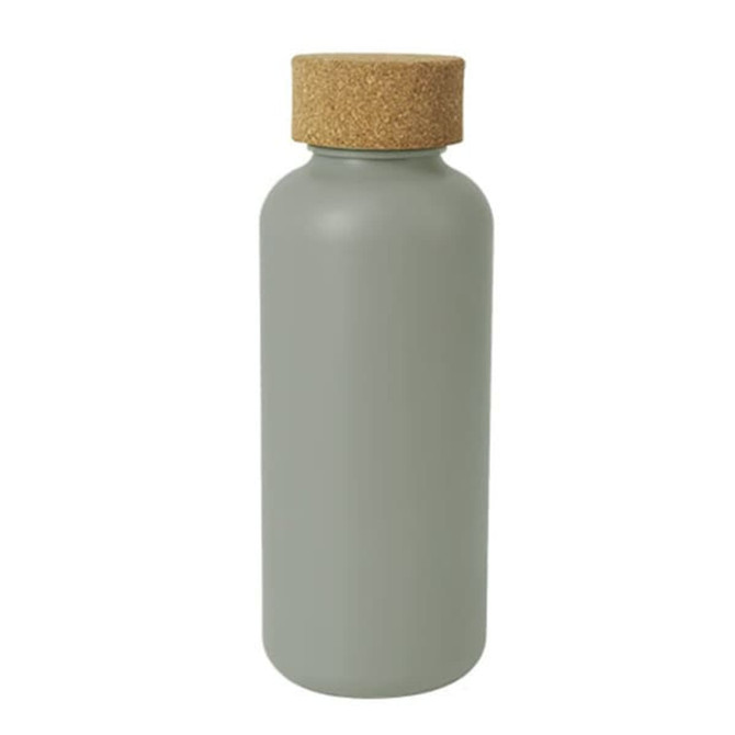 A drink bottle in muted green with a natural cork lid, featuring a smooth finish and sleek design.