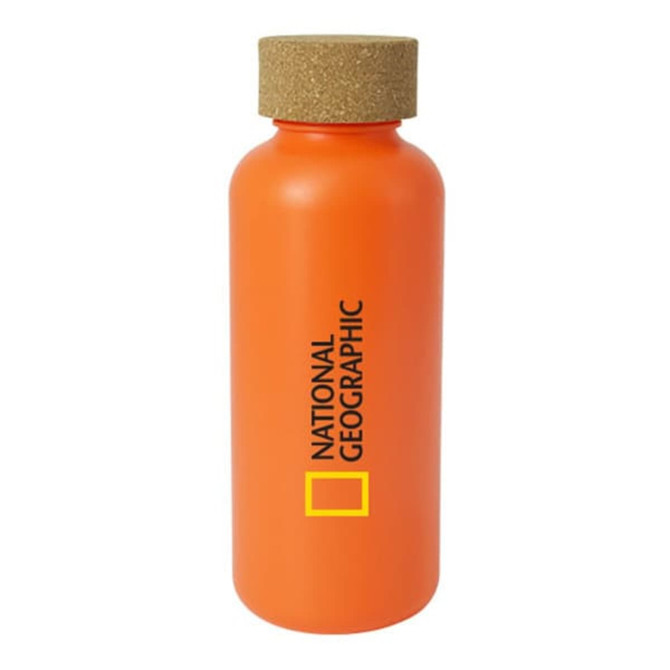 An orange drink bottle with a cork lid, featuring a logo on the side.