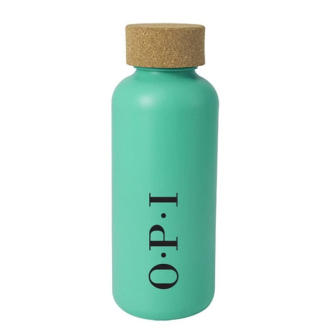 A drink bottle in a turquoise colour with a cork lid and a logo on the front.