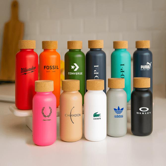 A drink bottle collection featuring various colours including red, green, black, and white, with cork lids and logos.