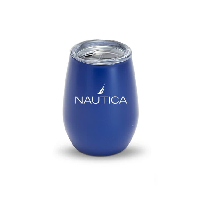 A drink bottle in a sleek blue design, featuring a clear lid and a brand logo. Ideal for various beverages.