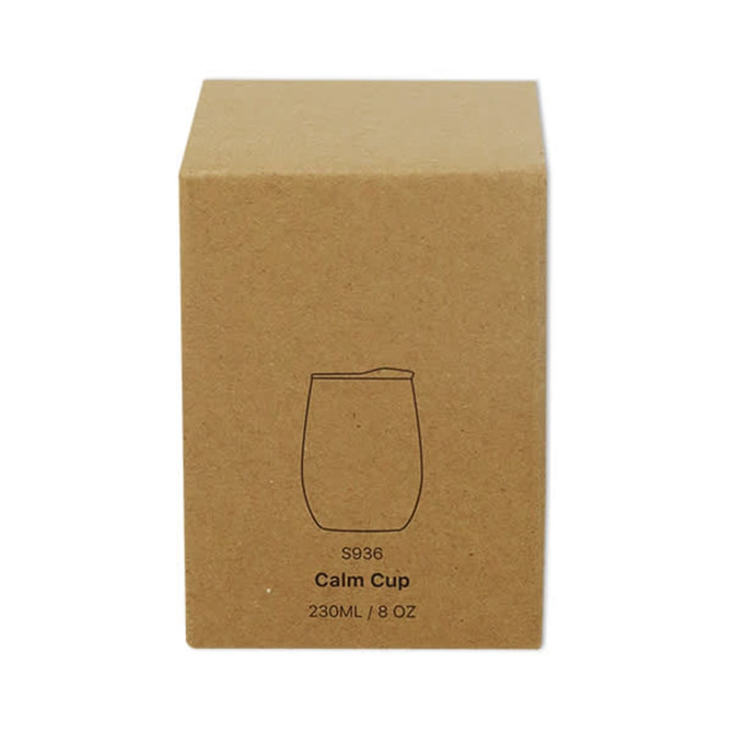 A brown cardboard box containing a 230mL Calm Cup, featuring a simple design and a logo.