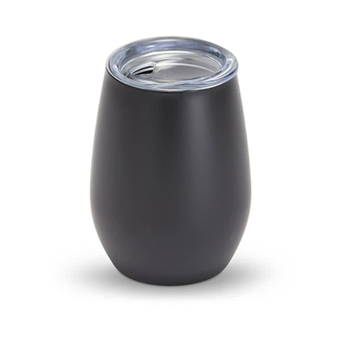 A drink cup in matte black with a clear lid, designed for beverages. It has a rounded shape and a sleek appearance.
