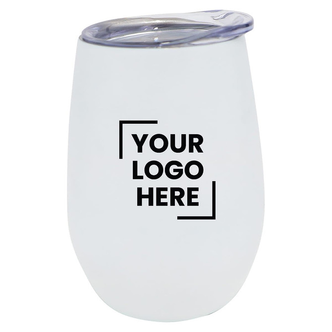 A plastic drink cup in frosted white with a clear lid and a branding logo.