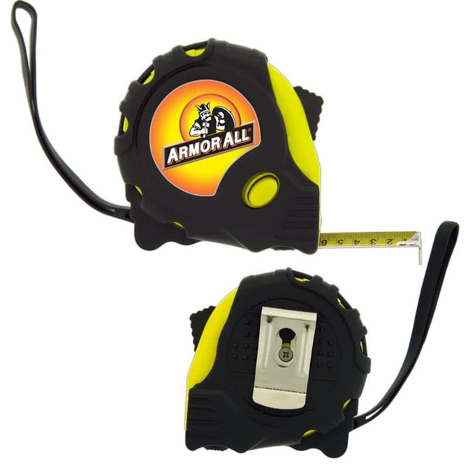 A tape measure featuring a black and yellow design, with a prominent logo and a retractable measuring tape. A tape measure featuring a black and yellow design, with a prominent logo and a retractable measuring tape.