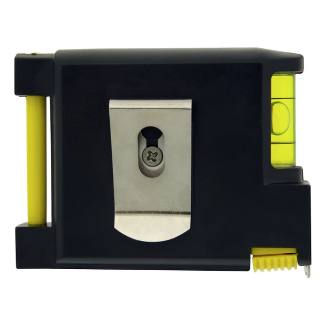 A black and yellow tape measure with a metal clip and a bubble level. It features a logo on the body.
