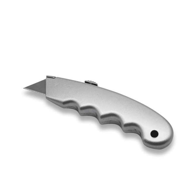 A silver utility knife with a textured handle and retractable blade, featuring a small hole for attachment.