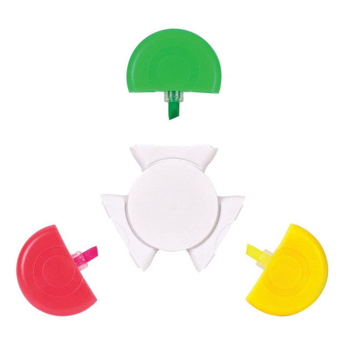 A set of four highlighters in green, red, yellow, and a white base, with a circular design. The product features a logo. A set of four highlighters in green, red, yellow, and a white base, with a circular design. The product features a logo.