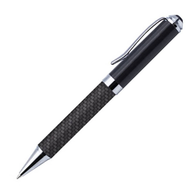 A black pen with a textured grip and silver accents, featuring a sleek design and a clip for attachment.