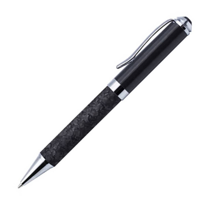 A black pen with a textured grip and chrome accents, featuring a clip and sleek design.