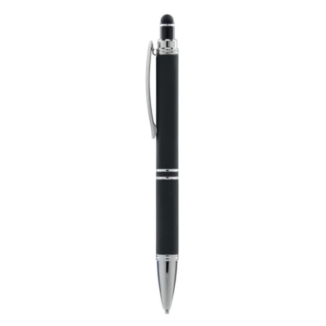 A black pen with a silver clip and tip, featuring a sleek design and a stylus at the top.