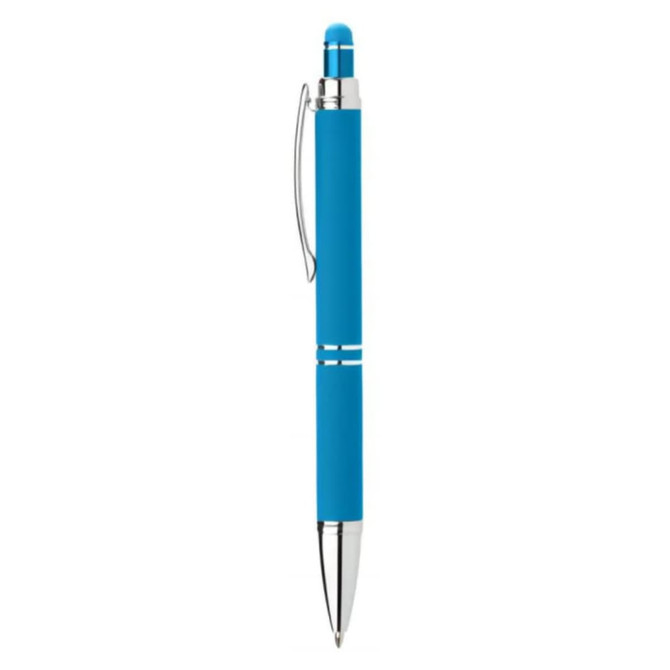 A blue pen with a sleek design and a silver clip, featuring a stylus tip on one end.