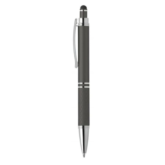 A pen with a black barrel and silver accents, featuring a stylus tip at one end and a clip.