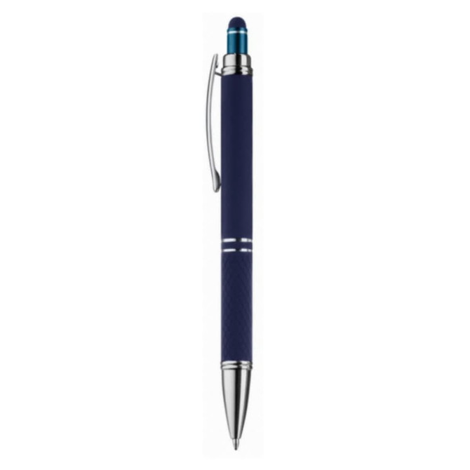 A blue pen with a sleek design and silver accents, featuring a clip and a textured grip.