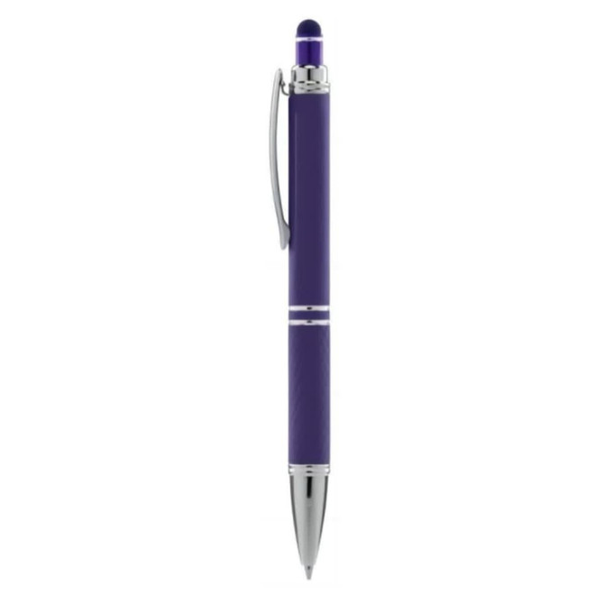 A purple pen with silver accents and a stylus tip, featuring a sleek design and a clip.
