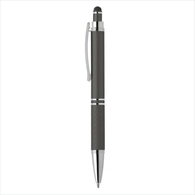 A sleek black pen with silver accents and a clip, featuring a smooth cylindrical design.