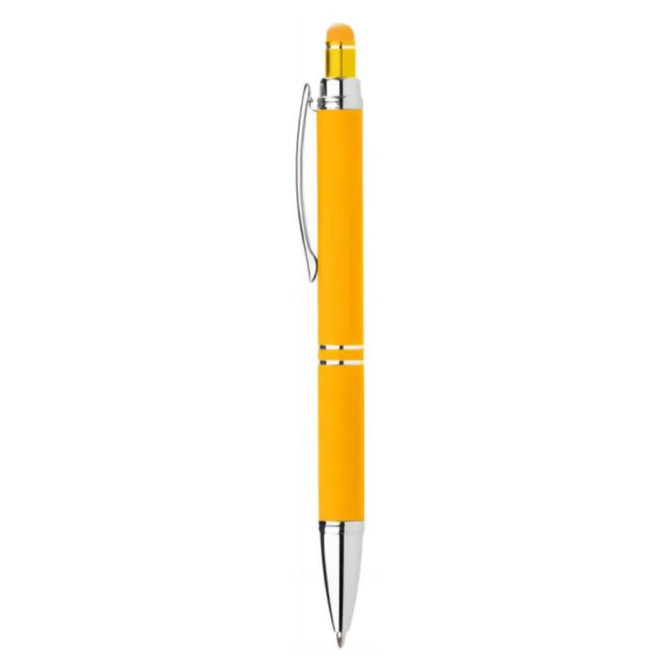 A yellow pen with a shiny silver clip and tip, featuring a smooth design and a rubber grip.