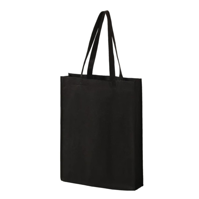 A black non-woven tote bag with two straps and a simple design, featuring a logo.
