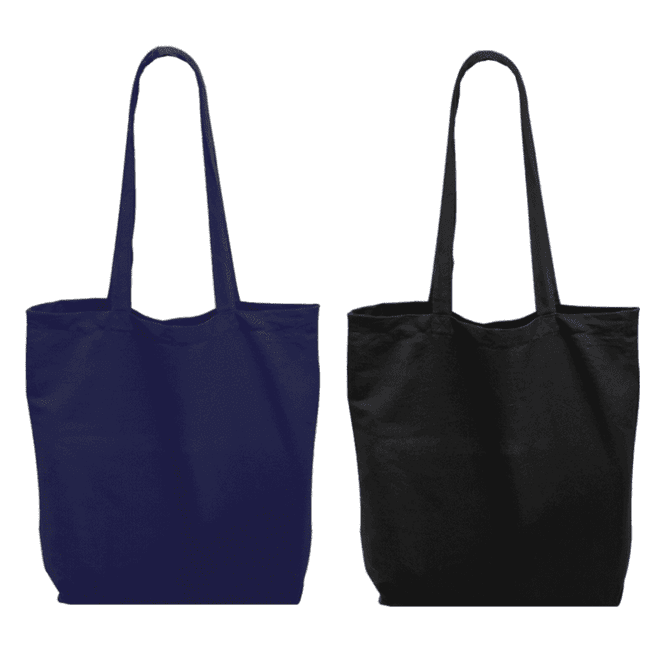 A set of two tote bags in navy blue and black, each with long handles and a simple design.
