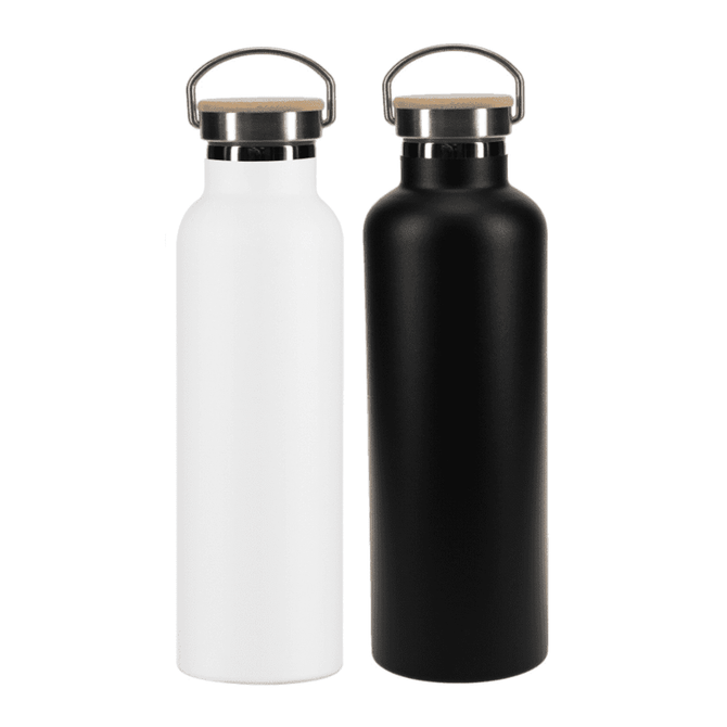 A drink bottle set featuring one white and one black bottle, each with a wooden cap and a metal handle.