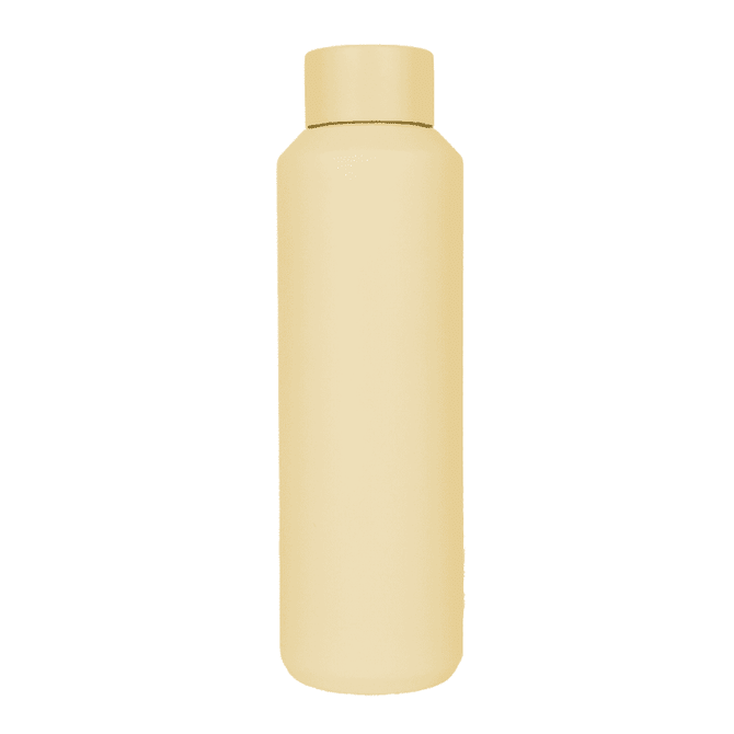 A drink bottle in a light beige colour with a cylindrical shape and a flat cap, featuring a simple logo.