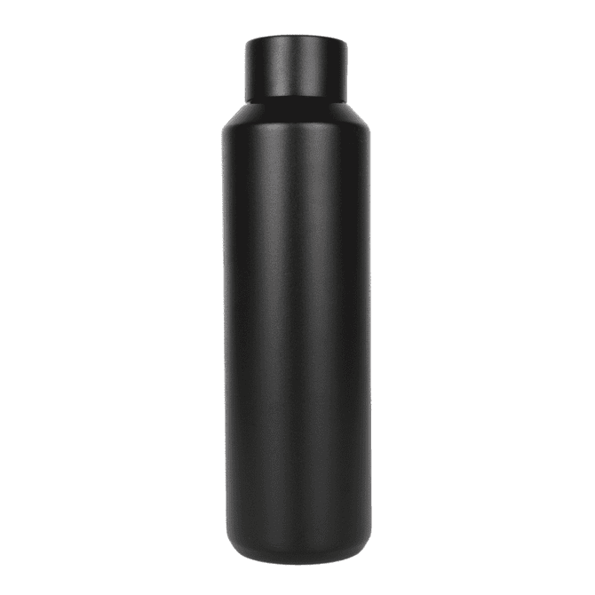 A drink bottle in a sleek, matte black finish, featuring a simple design and a prominent neck. It has a logo on it.