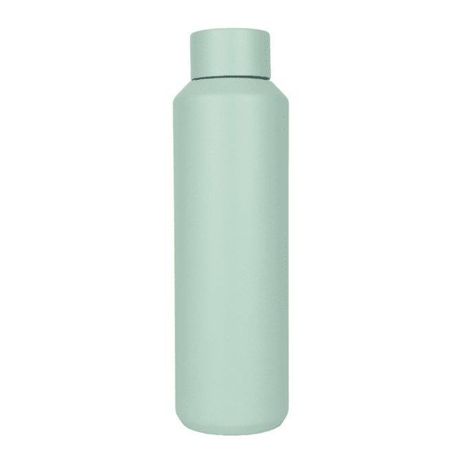 A drink bottle in a soft mint green colour with a smooth surface and a screw-top lid, featuring a logo.