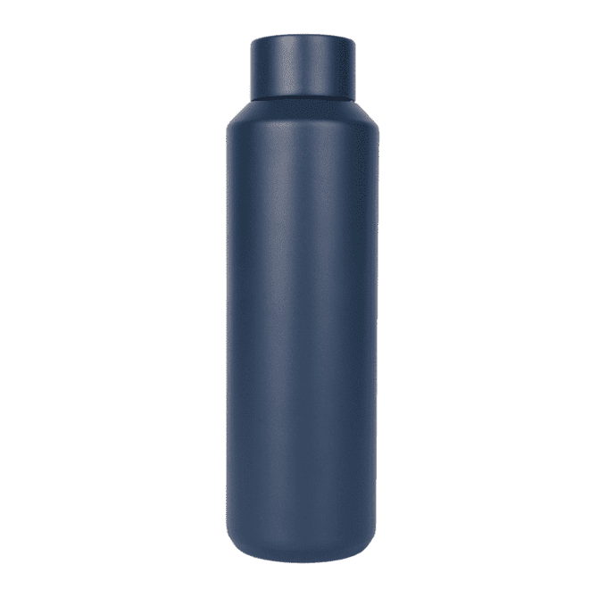 A drink bottle in a solid navy blue colour, featuring a sleek, minimalist design and a branded logo.