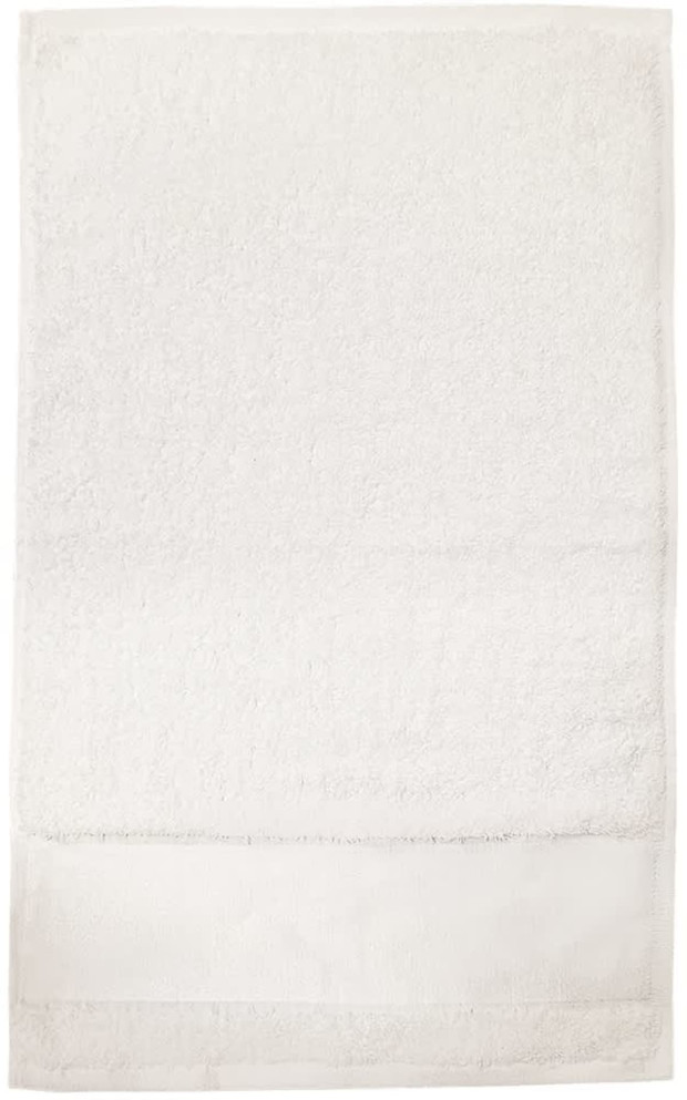 A white bath towel featuring a plush texture, with a smooth band at one end and a subtle branding logo. A white bath towel featuring a plush texture, with a smooth band at one end and a subtle branding logo.