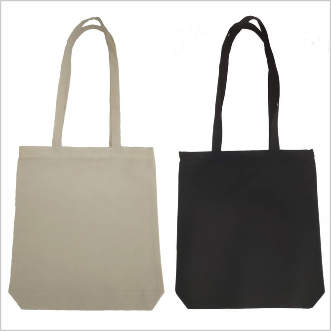 Two tote bags are displayed, one in cream and the other in black, featuring long handles and a simple design.