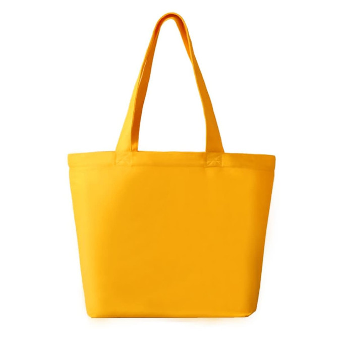 A yellow tote bag with two long handles, featuring a simple and clean design. It has no visible logos.