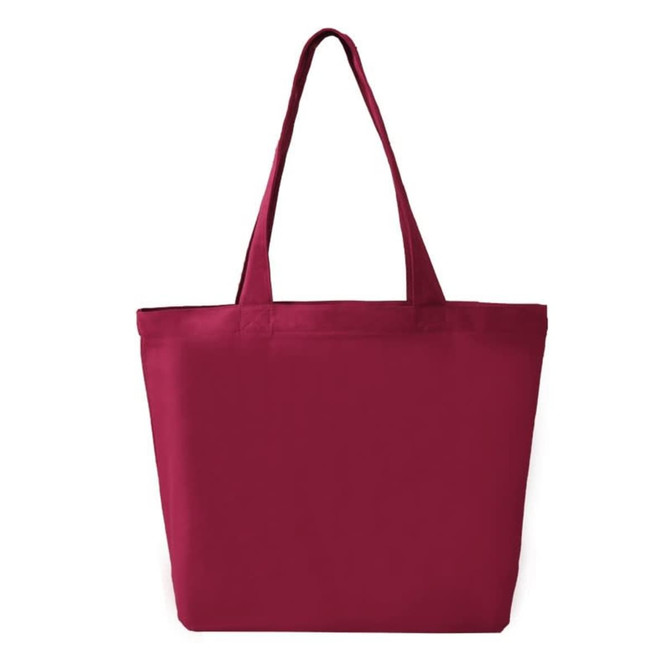A maroon tote bag with two sturdy handles and a spacious opening, featuring a simple design.