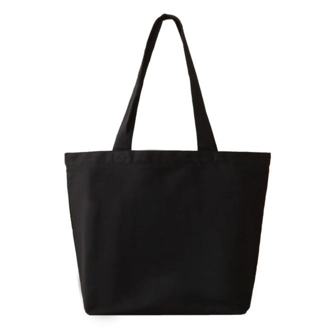 A tote bag in black colour with two straps and a simple design. Features branding on one side.