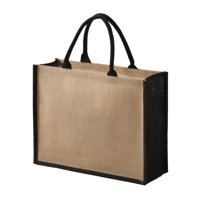 A tote bag featuring a natural jute body with black handles and edges. It has a simple design and no visible logos.