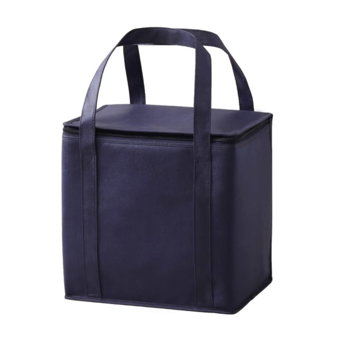 A drink bottle cooler in navy blue with a zippered top and sturdy handles for easy carrying.