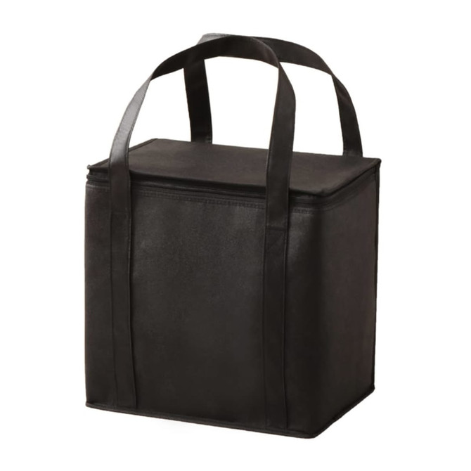A black insulated carry bag with a zip closure and two sturdy handles. It has a rectangular shape.