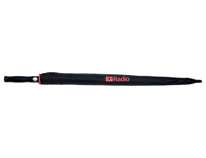 A black umbrella with a handle and a branding logo in red on the cover.