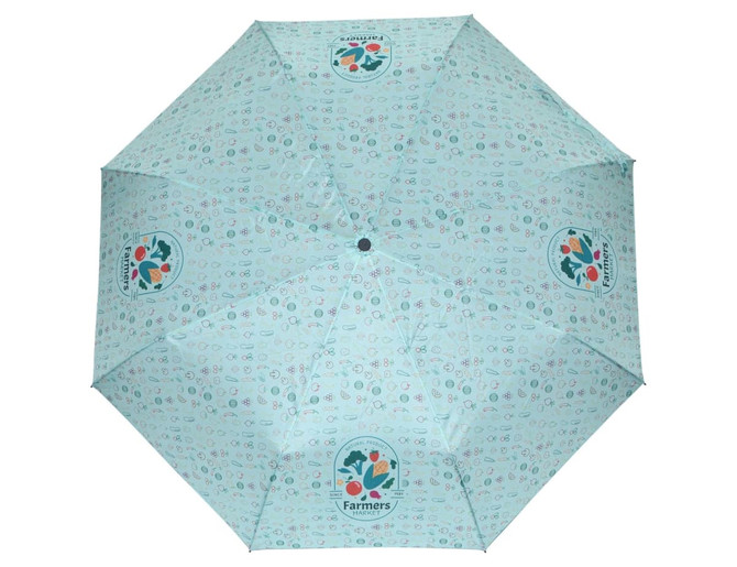 A full-colour umbrella featuring a light blue design with various patterns and a logo. It has eight panels.