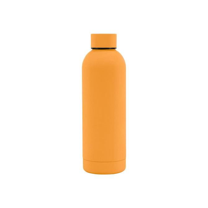 A drink bottle with a rubber-coated exterior, featuring a sleek design in bright orange. It has a logo on the surface.