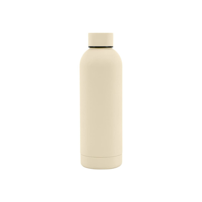 A drink bottle in a creamy beige colour with a rubber-coated exterior and a double wall design. It has a logo on it.